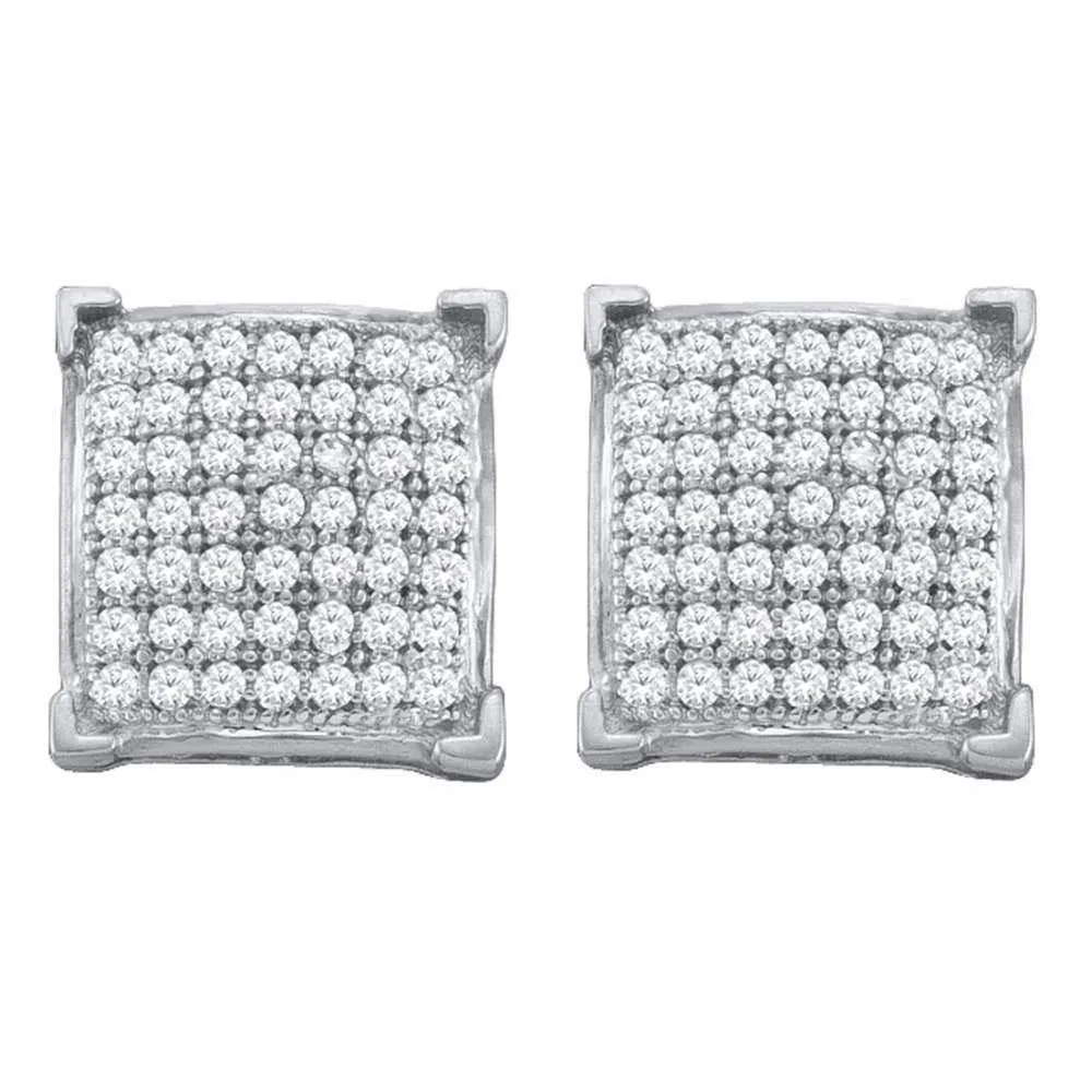 10K White Gold Round Diamond Square Cluster Screwback Earrings 1/3 Cttw