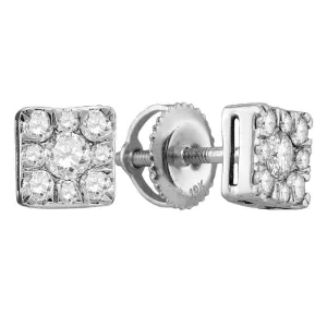 10K White Gold Round Diamond Square Cluster Stud Earrings 1/2 Cttw