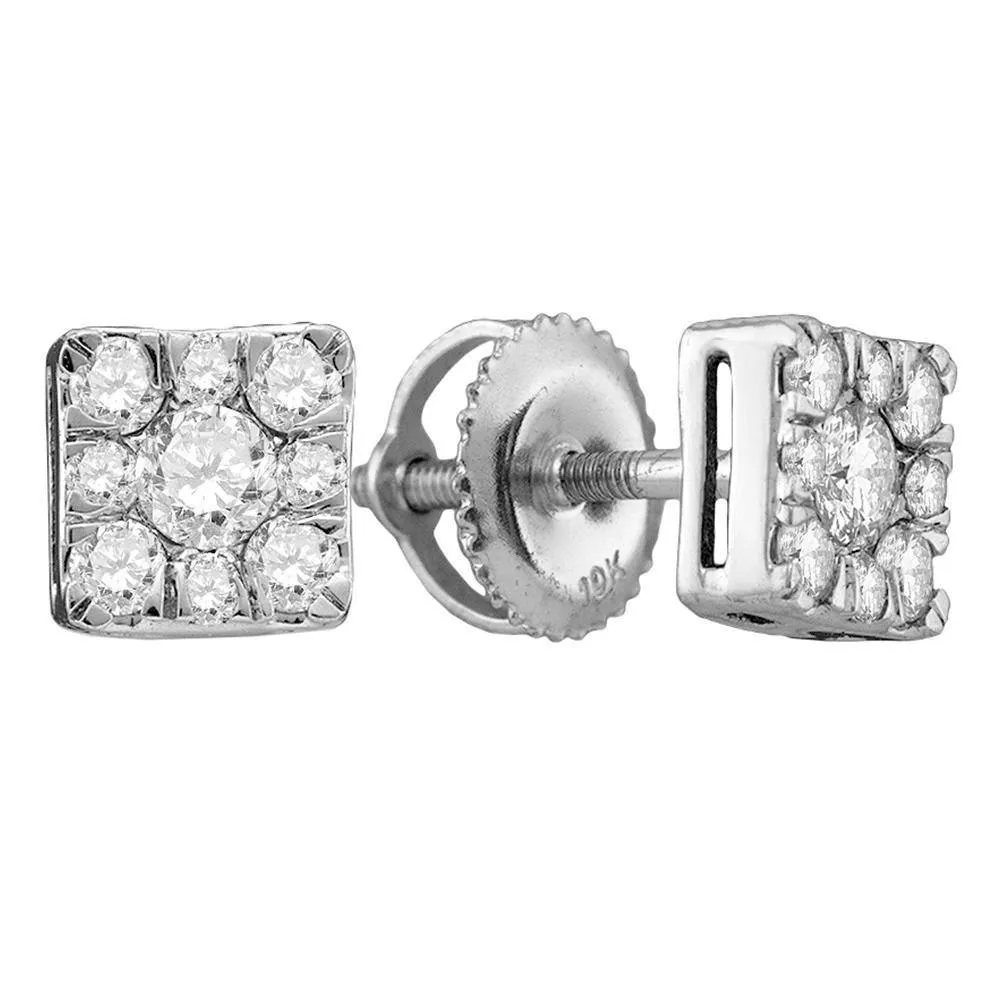 10K White Gold Round Diamond Square Cluster Stud Earrings 1/2 Cttw