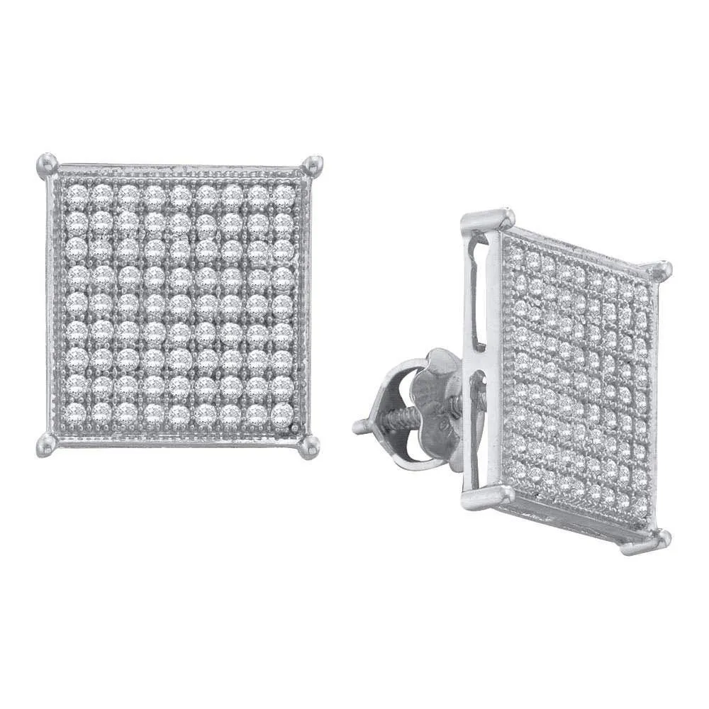 10K White Gold Round Diamond Square Cluster Stud Earrings 3/8 Cttw