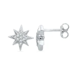 10K White Gold Round Diamond Starburst Cluster Screwback Earrings 1/10 Cttw