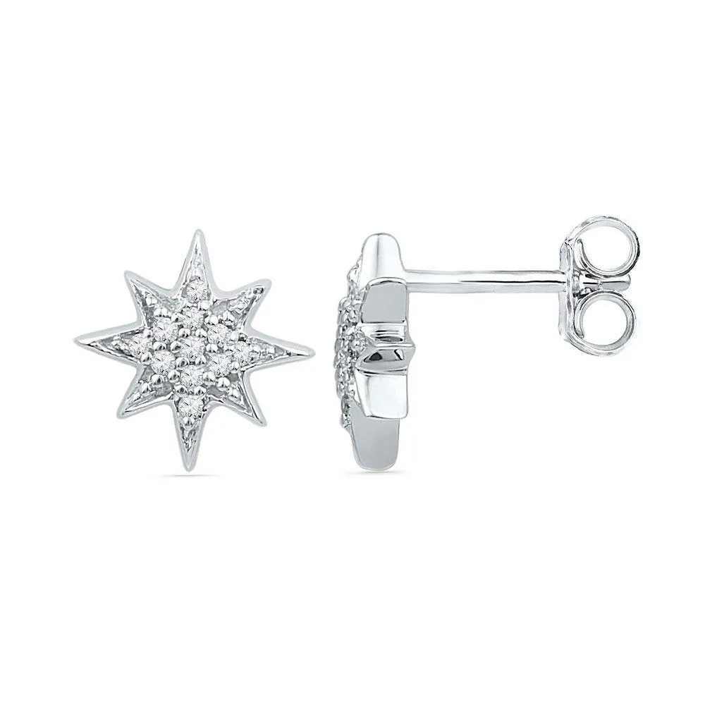 10K White Gold Round Diamond Starburst Cluster Screwback Earrings 1/10 Cttw