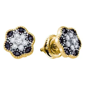 10k Yellow Gold Black Color Enhanced Diamond Flower Cluster Stud Earrings 1/3 Cttw