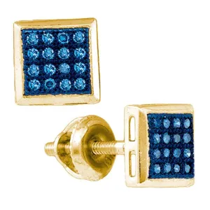 10k Yellow Gold Blue Color Enhanced Diamond Square Cluster Screwback Stud Earrings 1/10 Cttw