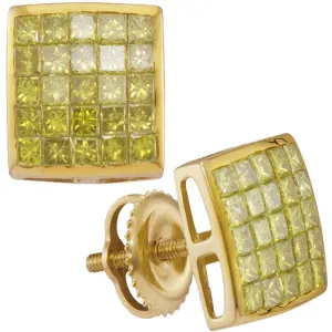 10K Yellow Gold Mens Princess Yellow Color Enhanced Diamond Square Cluster Earrings 1.00 Cttw