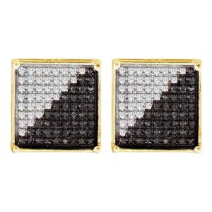 10K Yellow Gold Mens Round Black Color Enhanced Diamond Square Cluster Earrings 1/3 Cttw