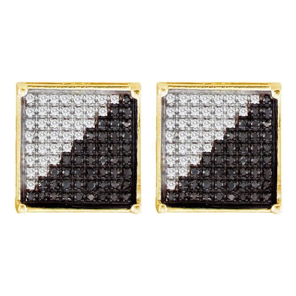 10K Yellow Gold Mens Round Black Color Enhanced Diamond Square Cluster Earrings 1/3 Cttw
