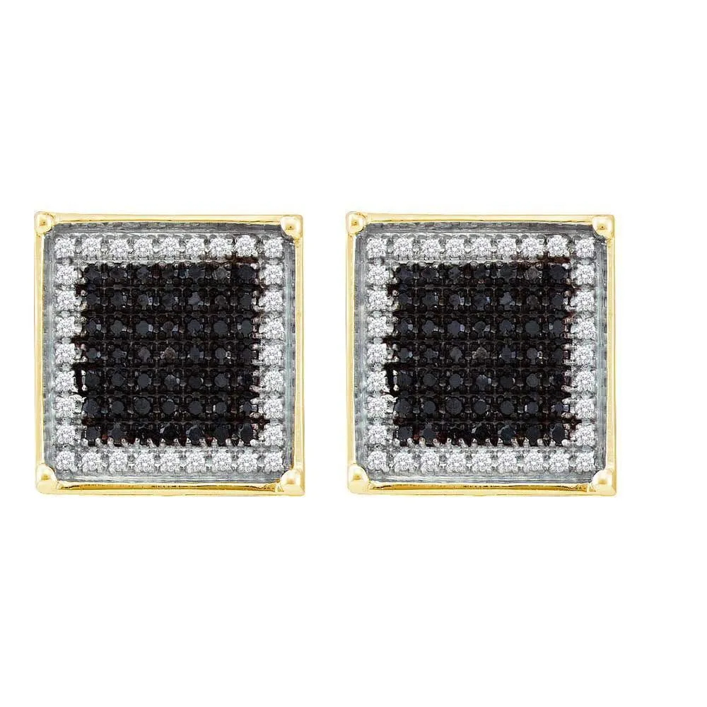 10K Yellow Gold Mens Round Black Color Enhanced Diamond Square Frame Cluster Earrings 1/4 Cttw