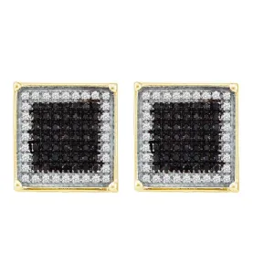 10K Yellow Gold Mens Round Black Color Enhanced Diamond Square Frame Cluster Earrings 1/4 Cttw