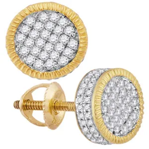 10K Yellow Gold Mens Round Diamond Fluted Circle Cluster Stud Earrings 1/2 Cttw