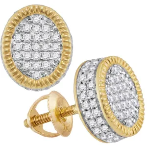 10K Yellow Gold Mens Round Diamond Fluted Oval Cluster Stud Earrings 7/8 Cttw