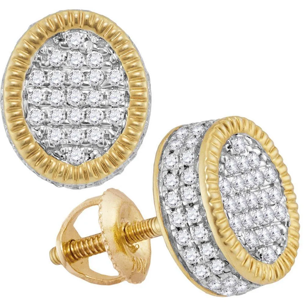 10K Yellow Gold Mens Round Diamond Fluted Oval Cluster Stud Earrings 7/8 Cttw
