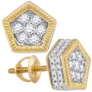 10K Yellow Gold Mens Round Diamond Polygon Fluted Cluster Stud Earrings 7/8 Cttw
