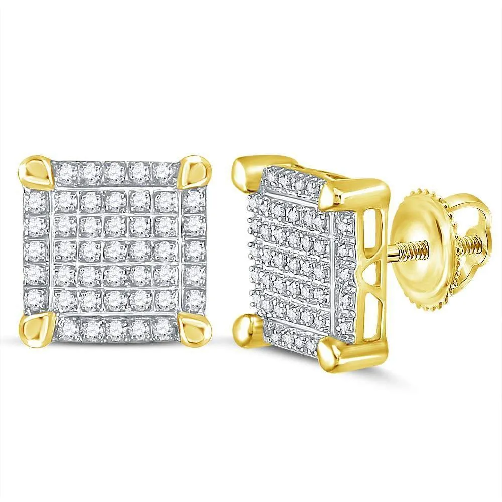10K Yellow Gold Mens Round Diamond Square Cluster Stud Earrings 1/4 Cttw