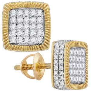10K Yellow Gold Mens Round Diamond Square Fluted Cluster Earrings 7/8 Cttw