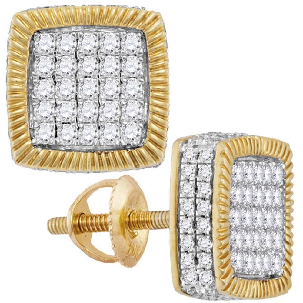 10K Yellow Gold Mens Round Diamond Square Fluted Cluster Earrings 7/8 Cttw