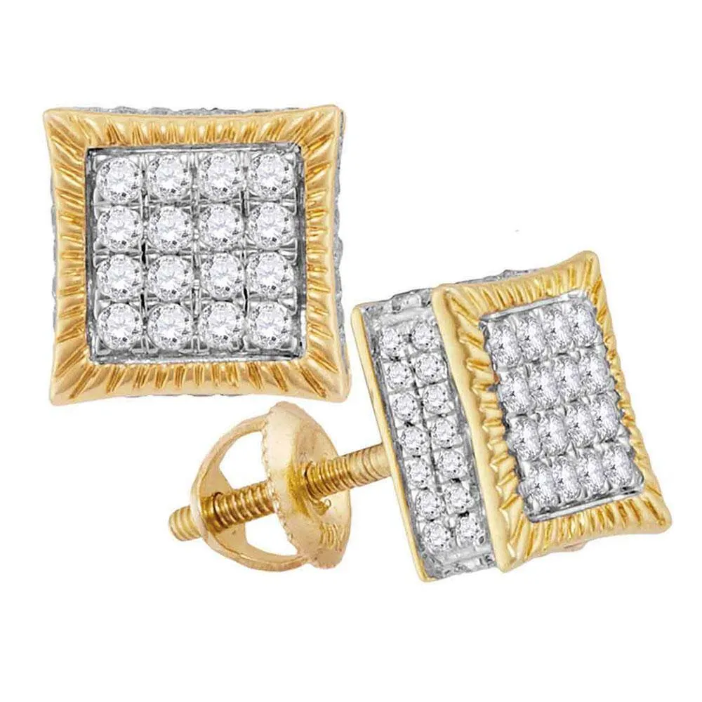 10K Yellow Gold Mens Round Diamond Square Fluted Cluster Stud Earrings 3/4 Cttw