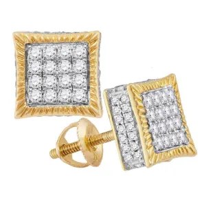 10K Yellow Gold Mens Round Diamond Square Fluted Cluster Stud Earrings 3/4 Cttw