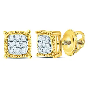 10K Yellow Gold Mens Round Diamond Square Milgrain Cluster Earrings 1/10 Cttw