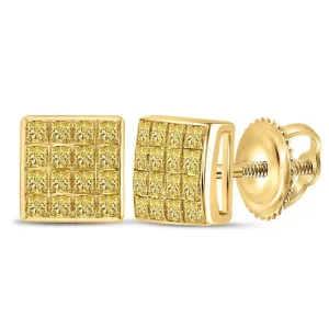 10K Yellow Gold Princess Yellow Color Enhanced Diamond Square Cluster Earrings 3/8 Cttw