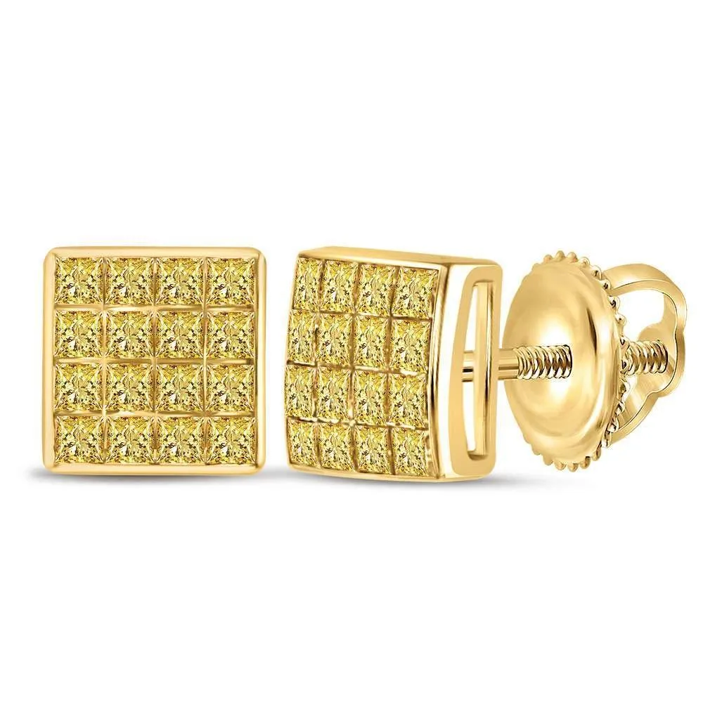 10K Yellow Gold Princess Yellow Color Enhanced Diamond Square Cluster Earrings 3/8 Cttw