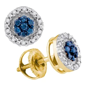 10K Yellow Gold Round Blue Color Enhanced Diamond Circle Frame Cluster Earrings 1/4 Cttw