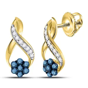 10K Yellow Gold Round Blue Color Enhanced Diamond Cluster Earrings 1/5 Cttw