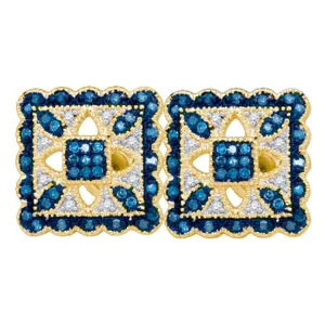 10K Yellow Gold Round Blue Color Enhanced Diamond Square Cluster Earrings 1/4 Cttw