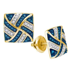10K Yellow Gold Round Blue Color Enhanced Diamond Square Pinwheel Cluster Earrings 1/4 Cttw