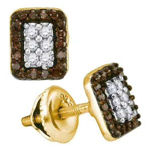 10K Yellow Gold Round Brown Color Enhanced Diamond Rectangle Cluster Earrings 1/3 Cttw