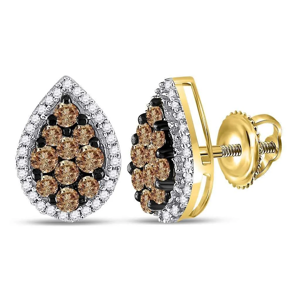 10K Yellow Gold Round Brown Color Enhanced Diamond Teardrop Cluster Earrings 1.00 Cttw