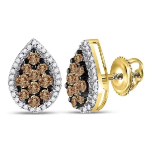 10K Yellow Gold Round Brown Color Enhanced Diamond Teardrop Cluster Earrings 1.00 Cttw