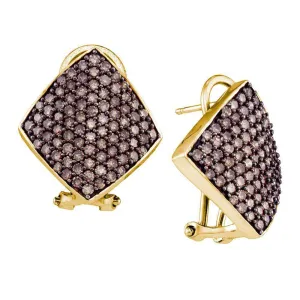 10K Yellow Gold Round Cognac-brown Color Enhanced Diamond Square Cluster Earrings 1-7/8 Cttw