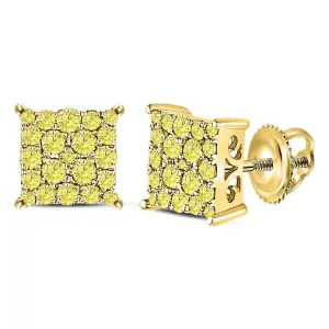 10K Yellow Gold Round Color Enhanced Diamond Square Cluster Earrings 3/4 Cttw