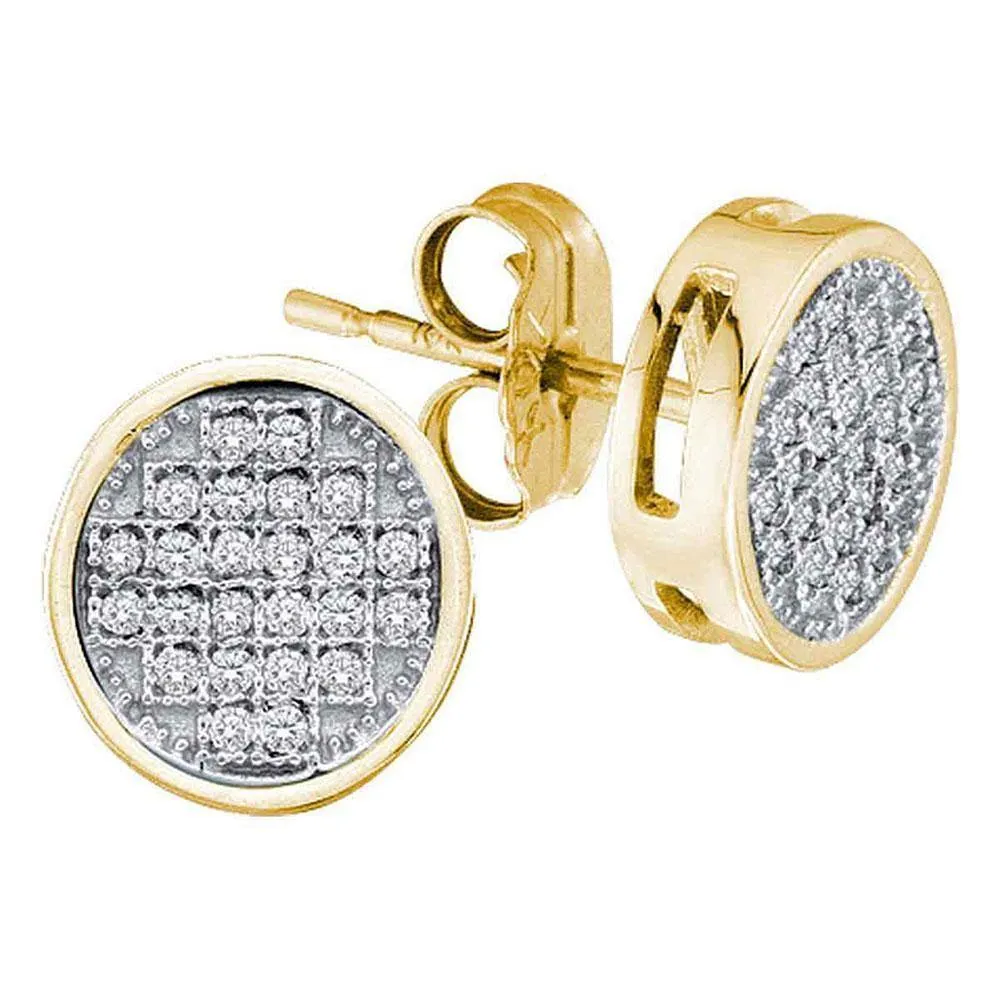 10K Yellow Gold Round Diamond Circle Cluster Earrings 1/10 Cttw