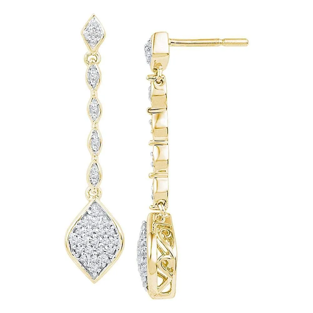 10K Yellow Gold Round Diamond Cluster Dangle Drop Earrings 1/4 Cttw