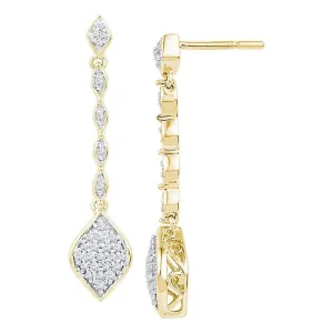 10K Yellow Gold Round Diamond Cluster Dangle Drop Earrings 1/4 Cttw