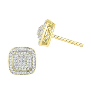 10K Yellow Gold Round Diamond Cluster Frame Square Screwback Earrings 5/8 Cttw
