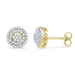 10K Yellow Gold Round Diamond Concentric Cluster Screwback Earrings 1/2 Cttw