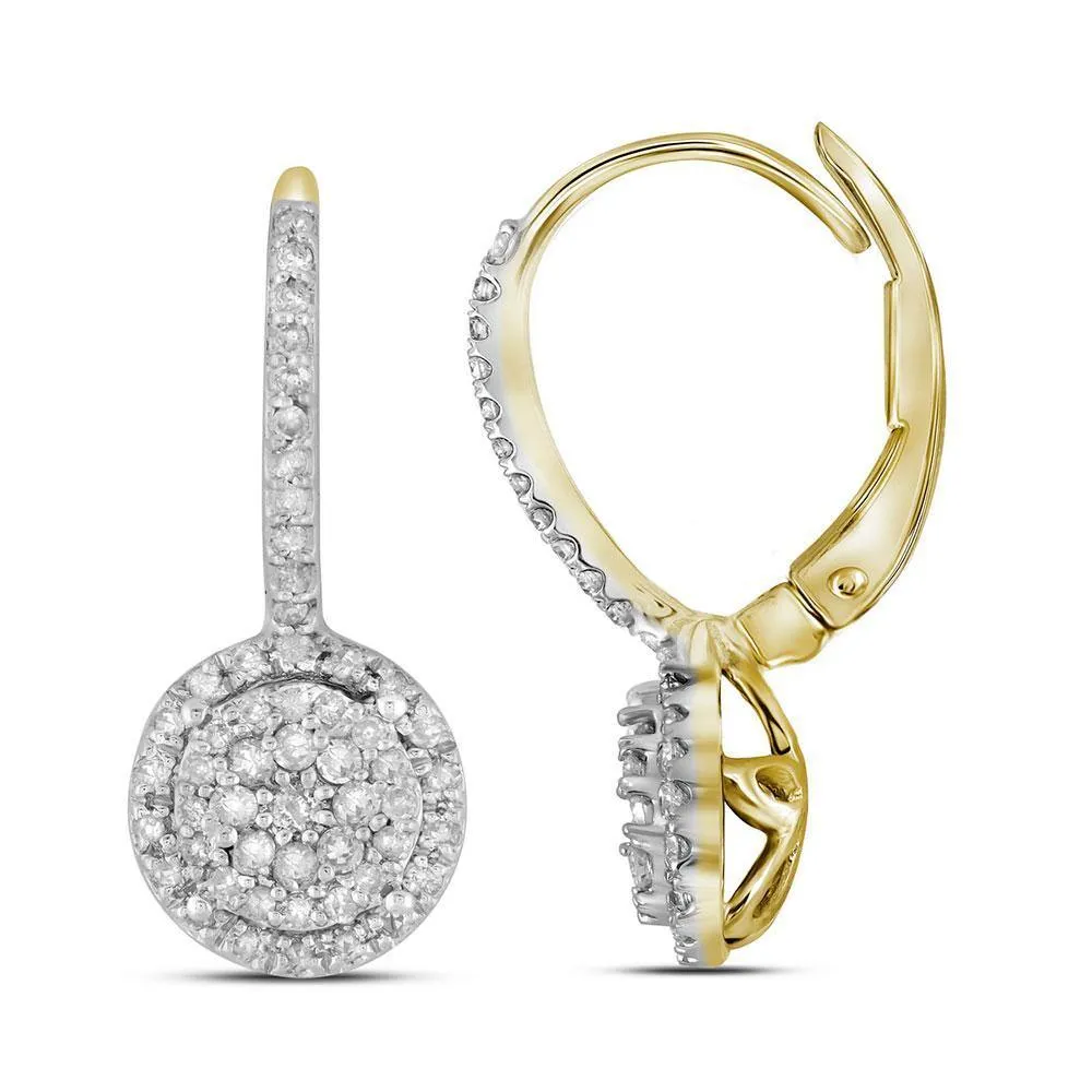 10K Yellow Gold Round Diamond Flower Cluster Dangle Leverback Earrings 1/2 Cttw