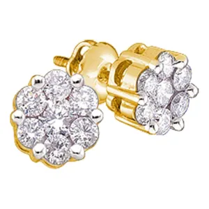 10K Yellow Gold Round Diamond Flower Cluster Earrings 1/4 Cttw