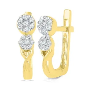 10K Yellow Gold Round Diamond Flower Cluster Hoop Earrings 1/5 Cttw