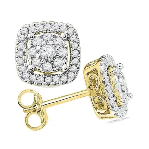 10K Yellow Gold Round Diamond Framed Square Cluster Screwback Earrings 1/2 Cttw