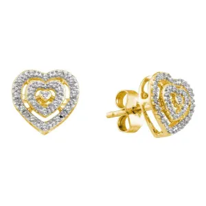 10K Yellow Gold Round Diamond Heart Cluster Earrings 1/12 Cttw