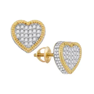 10K Yellow Gold Round Diamond Heart Fluted Cluster Stud Earrings 7/8 Cttw