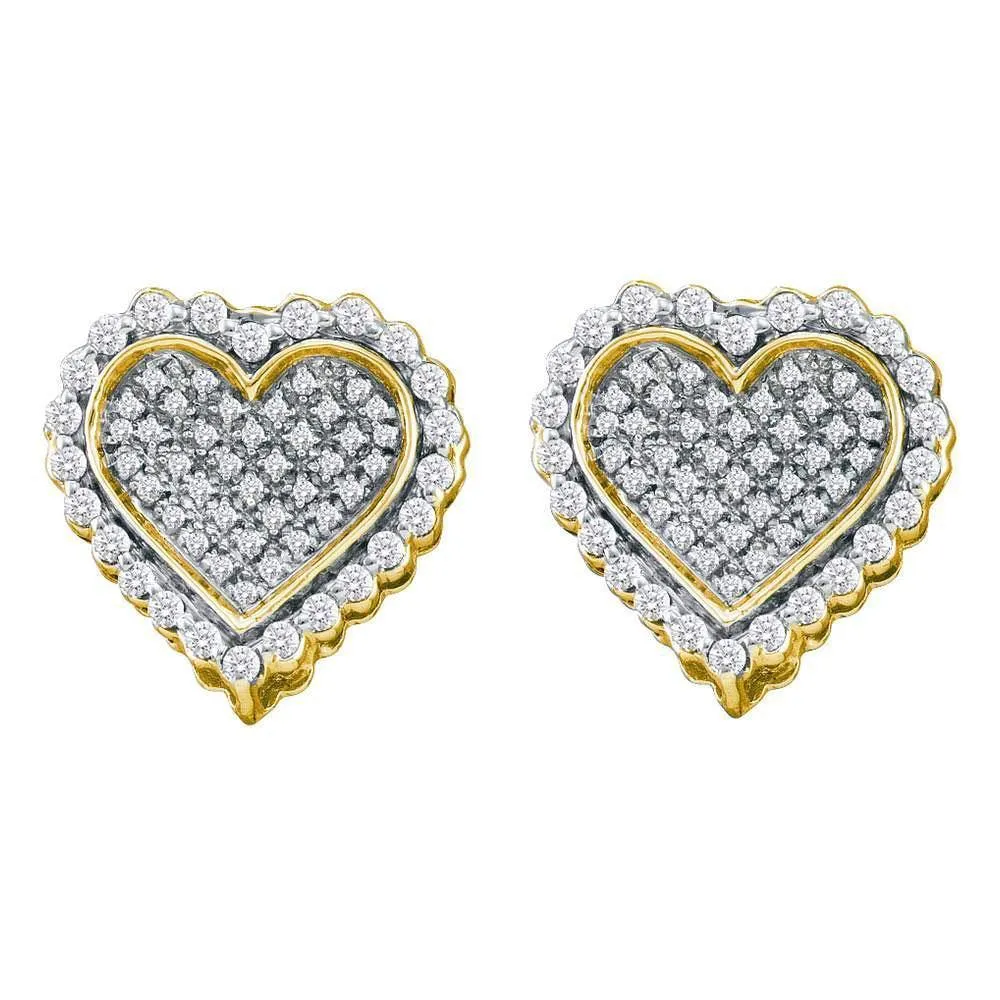 10K Yellow Gold Round Diamond Heart Frame Cluster Earrings 1/2 Cttw