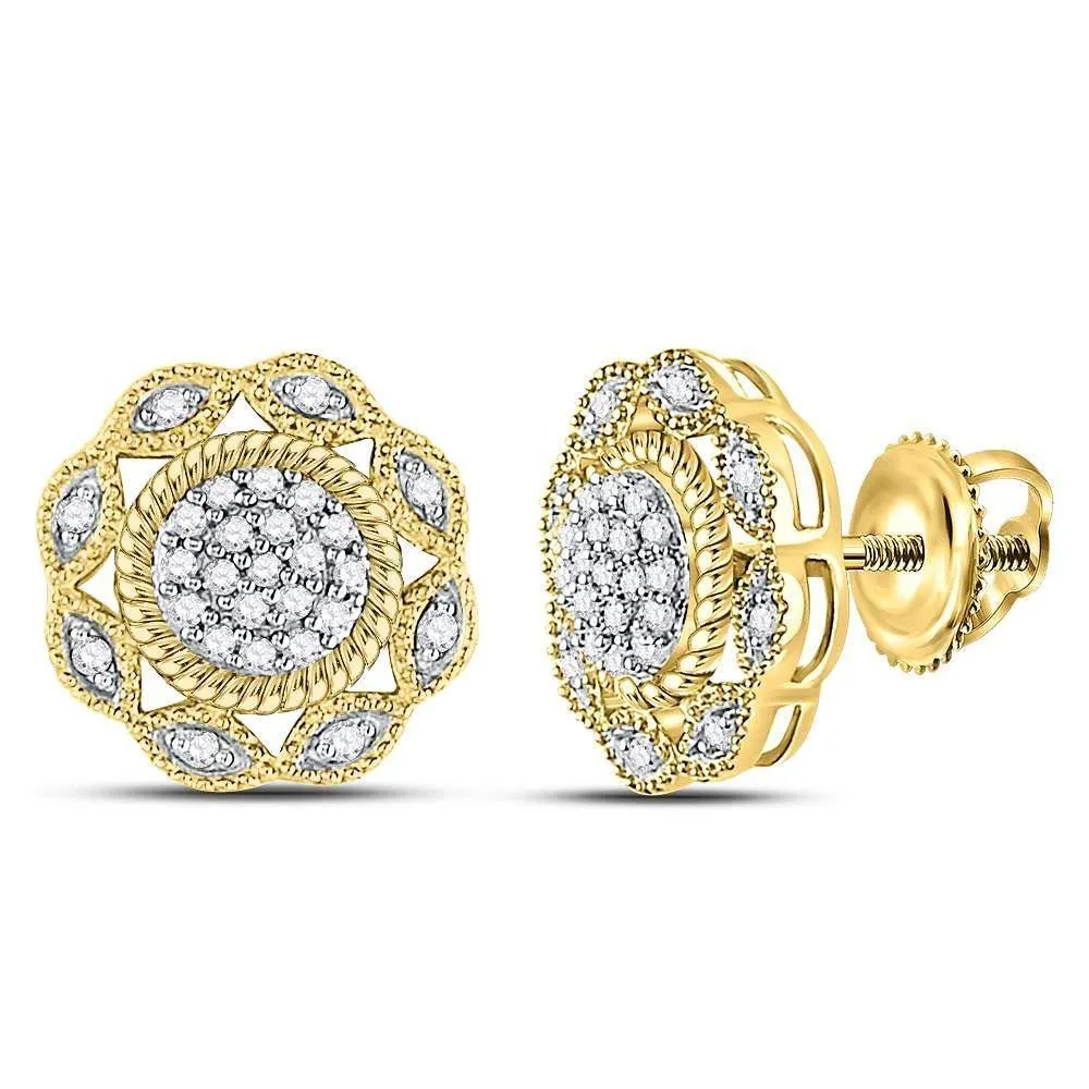 10K Yellow Gold Round Diamond Milgrain Cable Cluster Earrings 1/6 Cttw