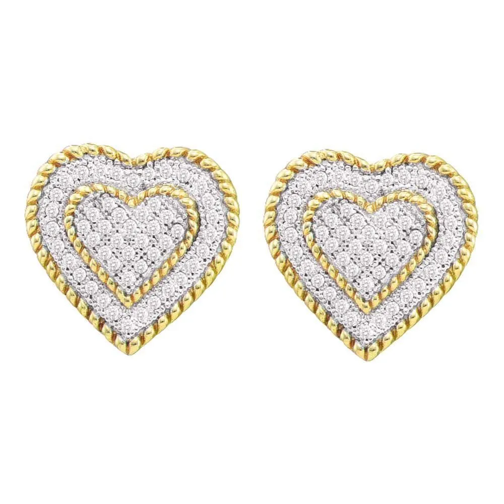 10K Yellow Gold Round Diamond Roped Heart Cluster Screwback Earrings 1/3 Cttw