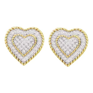 10K Yellow Gold Round Diamond Roped Heart Cluster Screwback Earrings 1/3 Cttw