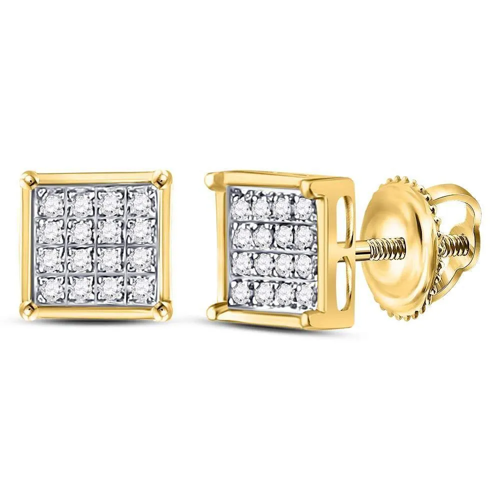 10K Yellow Gold Round Diamond Square Cluster Earrings 1/10 Cttw